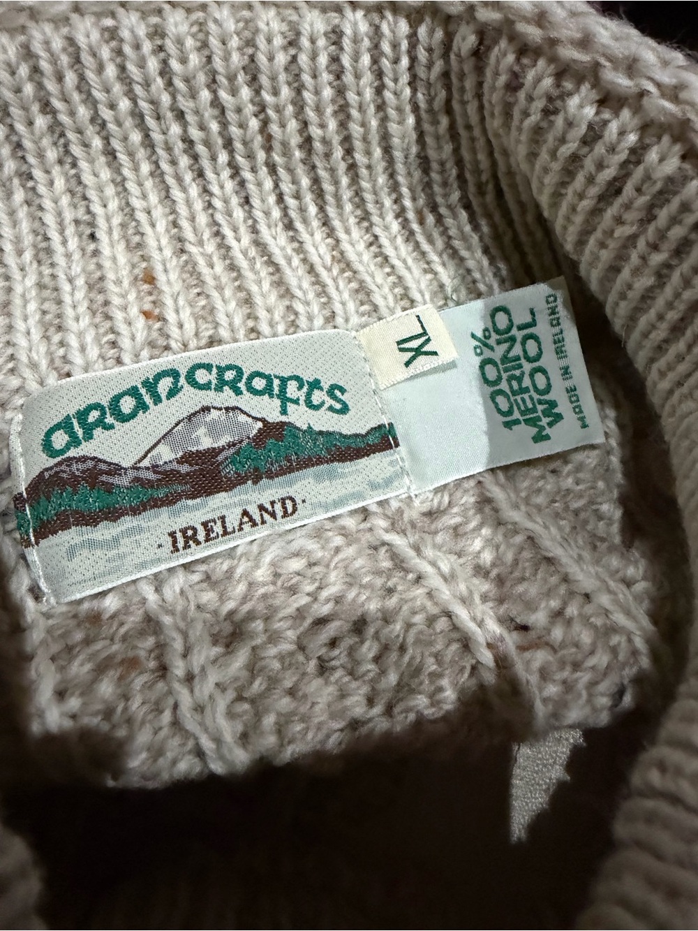 Deadstock w/o Tag 1990s Aran Crafts 100% Merino Wool Oatmeal Shamrock Zip Cardig - Picture 6 of 6